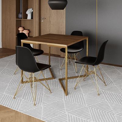 Mesa Jantar Industrial Quadrada 90Cm Amêndoa Base V Com 4 Cadeiras Pretas Base Dourada Cor: Amendoa