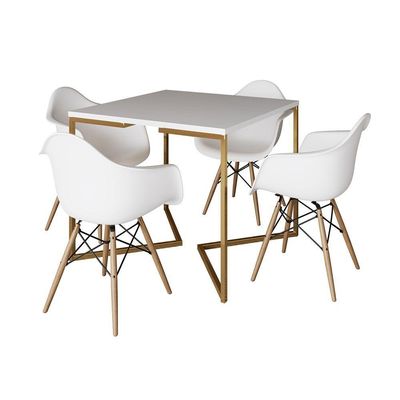 Mesa Jantar Industrial Quadrada 90Cm Branca Base V Dourada Com 4 Poltronas Daw Madeira Cor: Branco