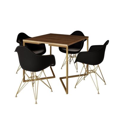 Mesa Jantar Industrial Quadrada 90Cm Amêndoa Base V C/4 Poltronas Daw Pretas Base Dou Cor: Amendoa