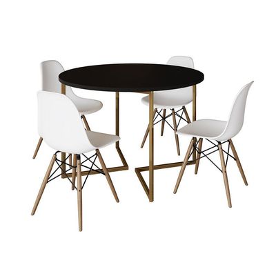 Mesa Jantar Industrial Redonda 110Cm Preta Base V Dourada Com 4 Cadeiras Madeira Branca Cor: Preto
