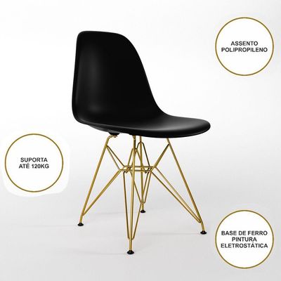 Mesa Jantar Industrial Quadrada 90Cm Preta Base V Com 4 Cadeiras Pretas Base Dourada Cor: Preto