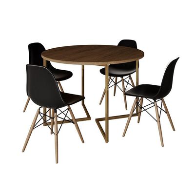 Mesa Jantar Industrial Redonda 110Cm Amêndoa Base V Dourada C/4 Cadeiras Madeira Pret Cor: Amendoa
