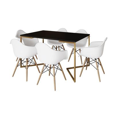 Mesa Jantar Industrial Preta 137X90Cm Base V Dourada Com 6 Poltronas Daw Madeira Branca Cor: Preto