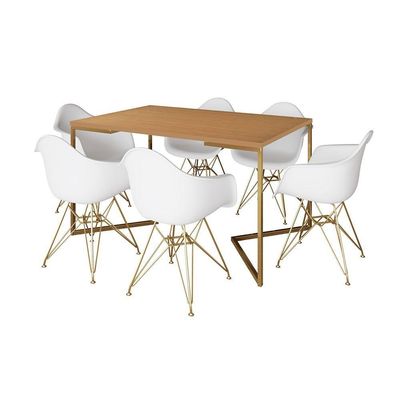 Mesa Jantar Industrial Canela 137X90Cm Base V Com 6 Poltronas Daw Brancas Base Dourada Cor: Canela