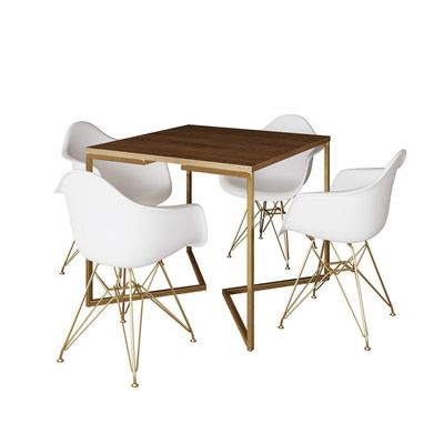 Mesa Jantar Industrial Quadrada 90Cm Amêndoa Base V C/4 Poltronas Daw Brancas Base Do Cor: Amendoa
