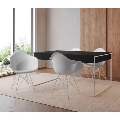 Mesa Jantar Industrial Preta 137X90Cm Com 4 Poltronas Brancas Base Ferro Bra Cor: Preto