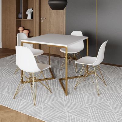 Mesa Jantar Industrial Quadrada 90Cm Branca Base V Com 4 Cadeiras Brancas Base Dourada Cor: Branco