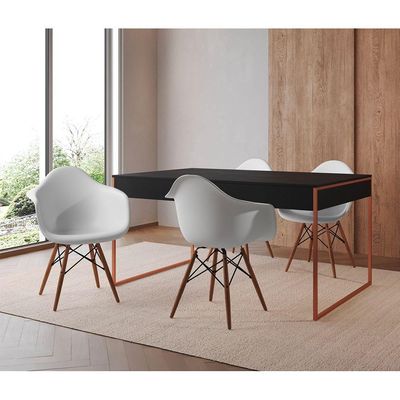 Mesa Jantar Industrial Preta 137X90Cm Base Cobre Com 4 Poltronas Brancas Mad Cor: Preto