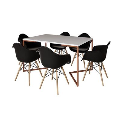 Mesa Industrial Retangular Jantar 137X90Cm Branca Base Cobre V Com 6 Poltronas Pretas M Cor: Branco