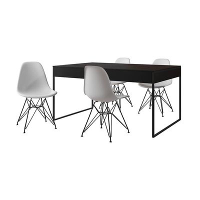 Mesa Jantar Industrial Retangular 137X90Cm Preta Com 4 Cadeiras Brancas Base Ferro Cor: Preto