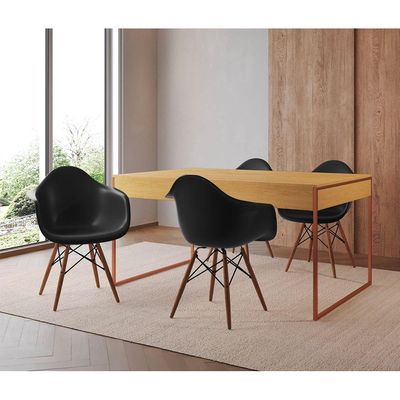 Mesa Jantar Industrial Canela 137X90Cm Base Cobre Com 4 Poltronas Pretas Mad Cor: Canela