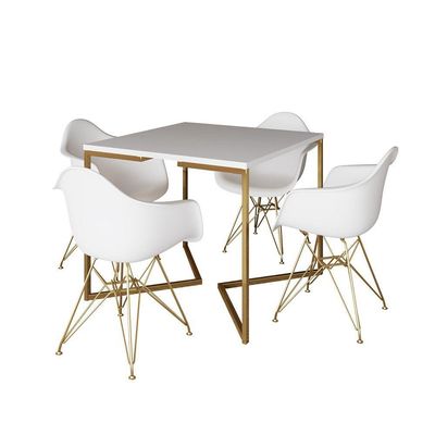Mesa Jantar Industrial Quadrada 90Cm Branca Base V Com 4 Poltronas Daw Brancas Base Dou Cor: Branco