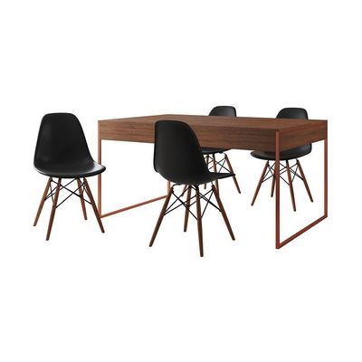Mesa Jantar Industrial Retangular Amêndoa 137X90Cm Base Cobre Com 4 Cadeiras Pretas Cor: Amendoa