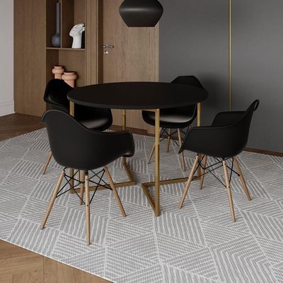 Mesa Jantar Industrial Redonda 110Cm Preta Base V Dourada Com 4 Poltronas Daw Madeira P Cor: Preto
