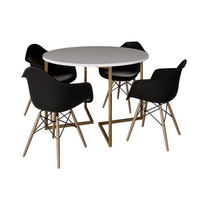 Mesa Jantar Industrial Redonda 110Cm Branca Base V Dourada Com 4 Poltronas Daw Madeira Cor: Branco