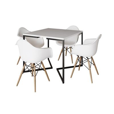 Mesa Jantar Industrial Quadrada Branca 90Cm Base V Ferro Preto Com 4 Poltronas Brancas Cor: Branco