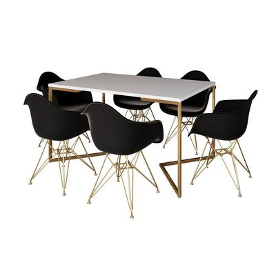 Mesa Jantar Industrial Branca 137X90Cm Base V Com 6 Poltronas Daw Pretas Base Dourada Cor: Branco
