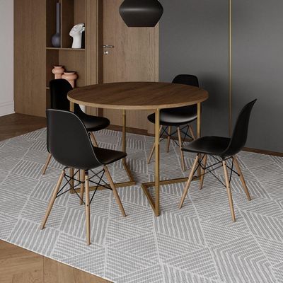 Mesa Jantar Industrial Redonda 110Cm Amêndoa Base V Dourada C/4 Cadeiras Madeira Pret Cor: Amendoa