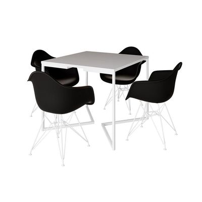 Mesa Jantar Industrial Quadrada Branca 90Cm Base V Com 4 Poltronas Pretas Ferro Branco Cor: Branco