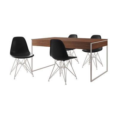 Mesa Jantar Industrial Retangular Amêndoa 137X90Cm Com 4 Cadeiras Pretas Base Ferro Cor: Amendoa