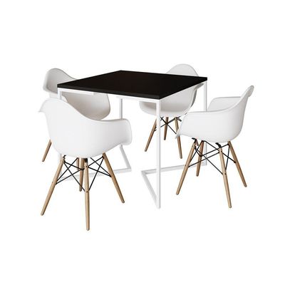 Mesa Jantar Industrial Quadrada 90Cm Preta Base V Ferro Branco Com 4 Poltronas Brancas Cor: Preto