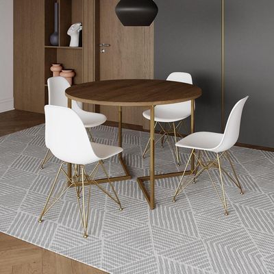 Mesa Jantar Industrial Redonda 110Cm Amêndoa Base V Dourada C/4 Cadeiras Brancas Base Cor: Amendoa