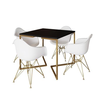 Mesa Jantar Industrial Quadrada 90Cm Preta Base V Com 4 Poltronas Daw Brancas Base Dour Cor: Preto