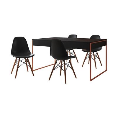 Mesa Jantar Industrial Retangular Preta 137X90Cm Base Cobre Com 4 Cadeiras Pretas Cor: Preto