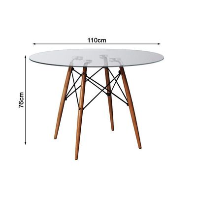 Mesa Sala De Jantar Eiffel Vidro Redonda 110Cm Vidro Com 4 Poltronas Pretas Base Madeira Cor: Preto