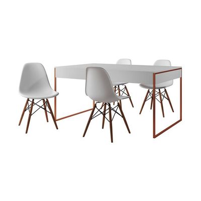 Mesa Jantar Industrial Retangular Branca 137X90Cm Base Cobre Com 4 Cadeiras Brancas Cor: Branco