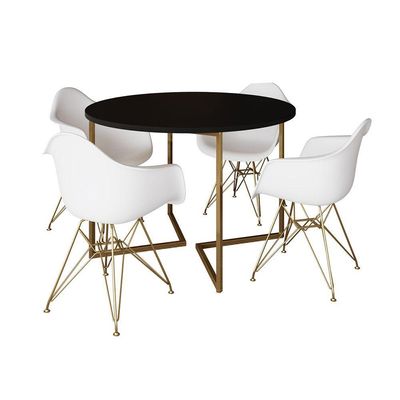 Mesa Jantar Industrial Preta 110Cm Redonda Base V Com 4 Poltronas Daw Brancas Base Dour Cor: Preto