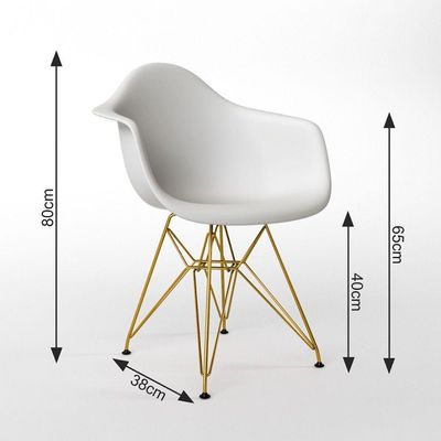 Mesa Jantar Industrial Preta 110Cm Redonda Base V Com 4 Poltronas Daw Brancas Base Dour Cor: Preto