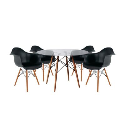 Mesa Sala De Jantar Eiffel Vidro Redonda 110Cm Vidro Com 4 Poltronas Pretas Base Madeira Cor: Preto