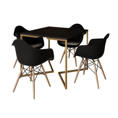 Mesa Jantar Industrial Quadrada 90Cm Preta Base V Dourada Com 4 Poltronas Daw Madeira P Cor: Preto