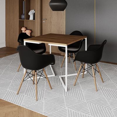 Mesa Jantar Industrial Quadrada 90Cm Amêndoa Base V Ferro Branco C/4 Poltronas Pretas Cor: Amendoa