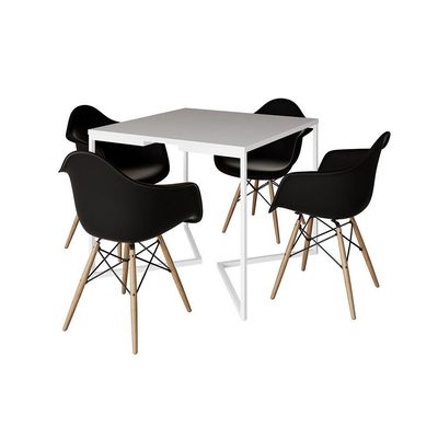 Mesa Jantar Industrial Quadrada 90Cm Branca Base V Ferro Branco Com 4 Poltronas Pretas Cor: Branco