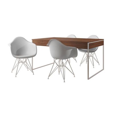 Mesa Jantar Industrial Amêndoa 137X90Cm Com 4 Poltronas Brancas Base Ferro B Cor: Amendoa