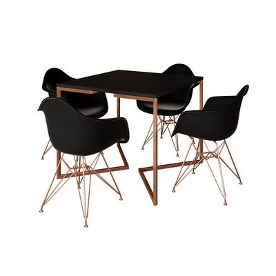 Mesa Jantar Industrial Preta 90Cm Quadrada Base Cobre V Com 4 Poltronas Pretas Pés Cobr Cor: Preto