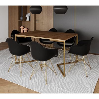 Mesa Jantar Industrial Amêndoa 137X90Cm Base V Com 6 Poltronas Daw Pretas Base Dourada Cor: Amendoa