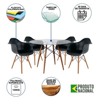 Mesa Sala De Jantar Eiffel Vidro Redonda 110Cm Vidro Com 4 Poltronas Pretas Base Madeira Cor: Preto