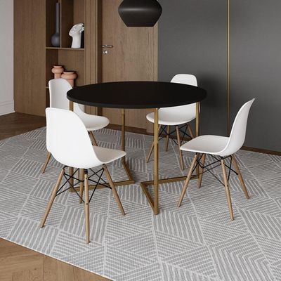 Mesa Jantar Industrial Redonda 110Cm Preta Base V Dourada Com 4 Cadeiras Madeira Branca Cor: Preto