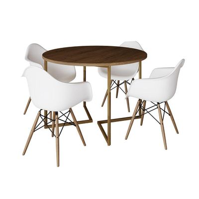 Mesa Jantar Industrial Redonda 110Cm Amêndoa Base V Dourada C/4 Poltronas Daw Madeira Cor: Amendoa
