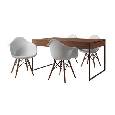 Mesa Jantar Industrial Amêndoa 137X90Cm Base Ferro Preto Com 4 Poltronas Brancas Ei Cor: Amendoa