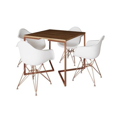 Mesa Jantar Industrial Amêndoa 90Cm Quadrada Base Cobre V C/4 Poltronas Brancas Pés C Cor: Amendoa
