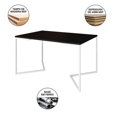 Mesa Industrial Jantar Preta 137X90Cm Base V Com 6 Poltronas Pretas Ferro Branco Preto