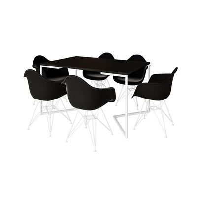 Mesa Industrial Jantar Preta 137X90Cm Base V Com 6 Poltronas Pretas Ferro Branco Preto