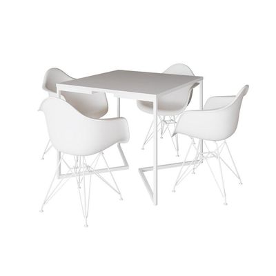 Mesa Jantar Industrial Quadrada Branca 90Cm Base V Com 4 Poltronas Brancas Ferro Branco Cor: Branco