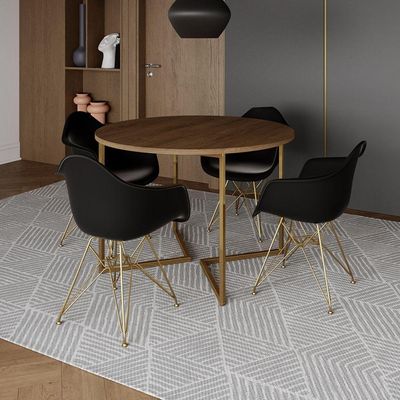 Mesa Jantar Industrial Amêndoa 110Cm Redonda Base V C/4 Poltronas Daw Pretas Base Dou Cor: Amendoa