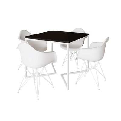 Mesa Jantar Industrial Quadrada Preta 90Cm Base V Com 4 Poltronas Brancas Ferro Branco Cor: Preto