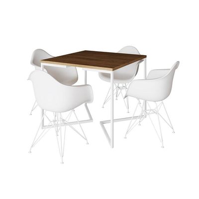 Mesa Jantar Industrial Quadrada Amêndoa 90Cm Base V C/4 Poltronas Brancas Ferro Branc Cor: Amendoa